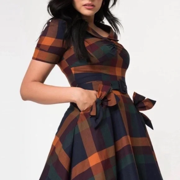 Voodoo Vixen Samantha Plaid Tartan Midi Dress Pinup Retro Large - Picture 2 of 8